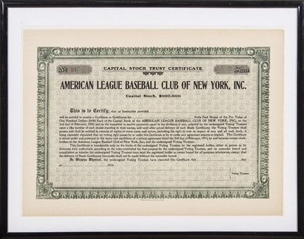 1915 New York Yankees Framed Stock Certificate 